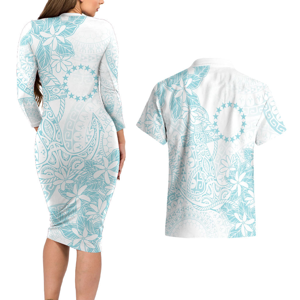 Turquoise Kuki Airani Tapakau Couples Matching Long Sleeve Bodycon Dress and Hawaiian Shirt Tribal Anchor Mix Tiare
