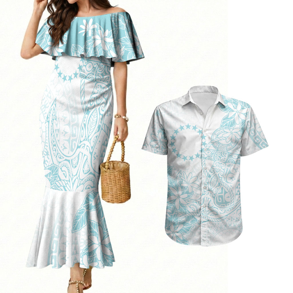 Turquoise Kuki Airani Tapakau Couples Matching Mermaid Dress and Hawaiian Shirt Tribal Anchor Mix Tiare LT7 Turquoise - Polynesian Pride