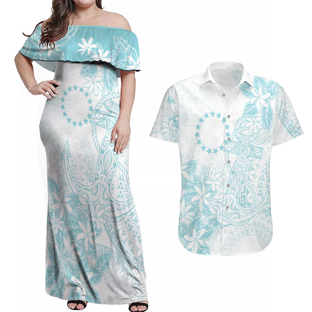 Turquoise Kuki Airani Tapakau Couples Matching Off Shoulder Maxi Dress and Hawaiian Shirt Tribal Anchor Mix Tiare