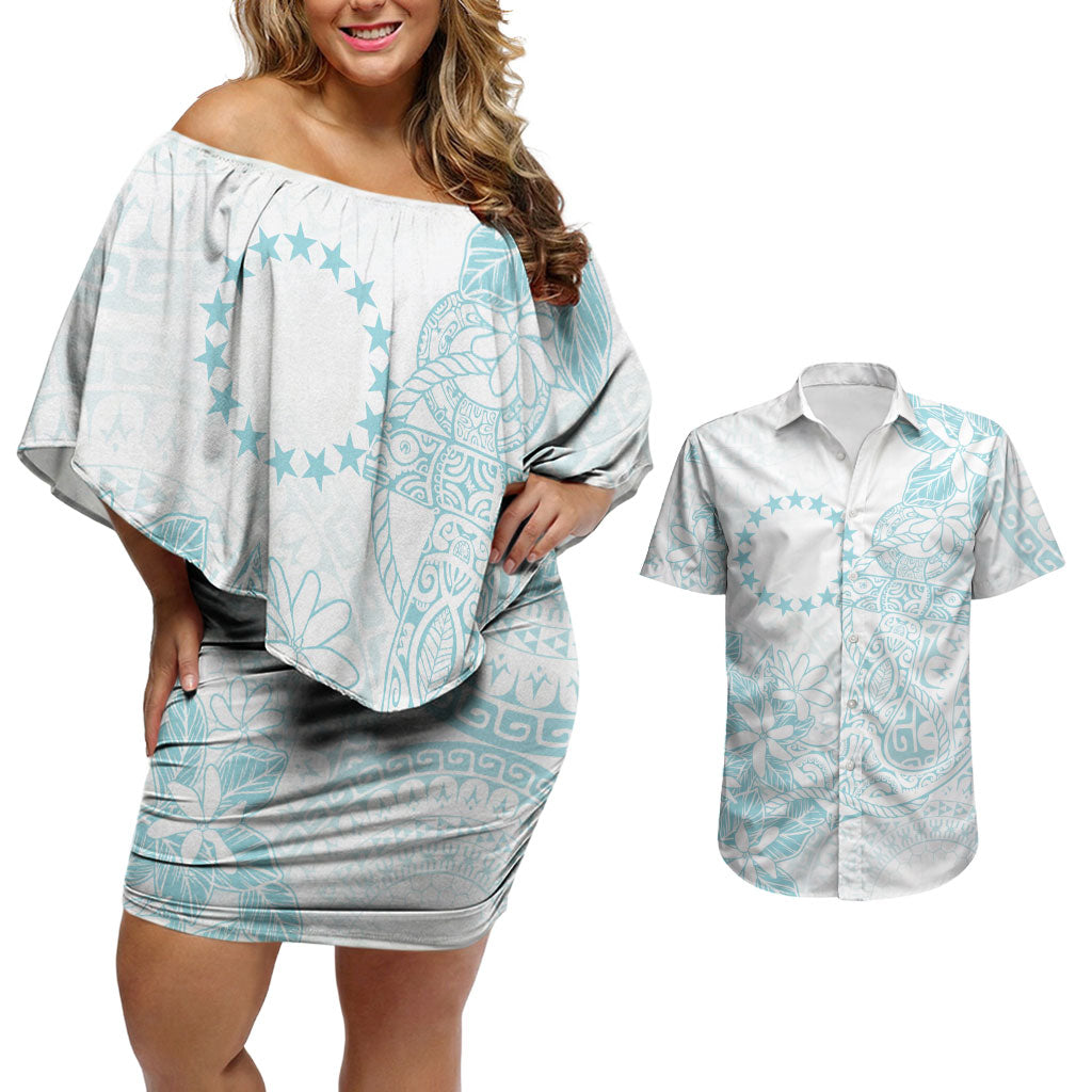 Turquoise Kuki Airani Tapakau Couples Matching Off Shoulder Short Dress and Hawaiian Shirt Tribal Anchor Mix Tiare LT7 Turquoise - Polynesian Pride