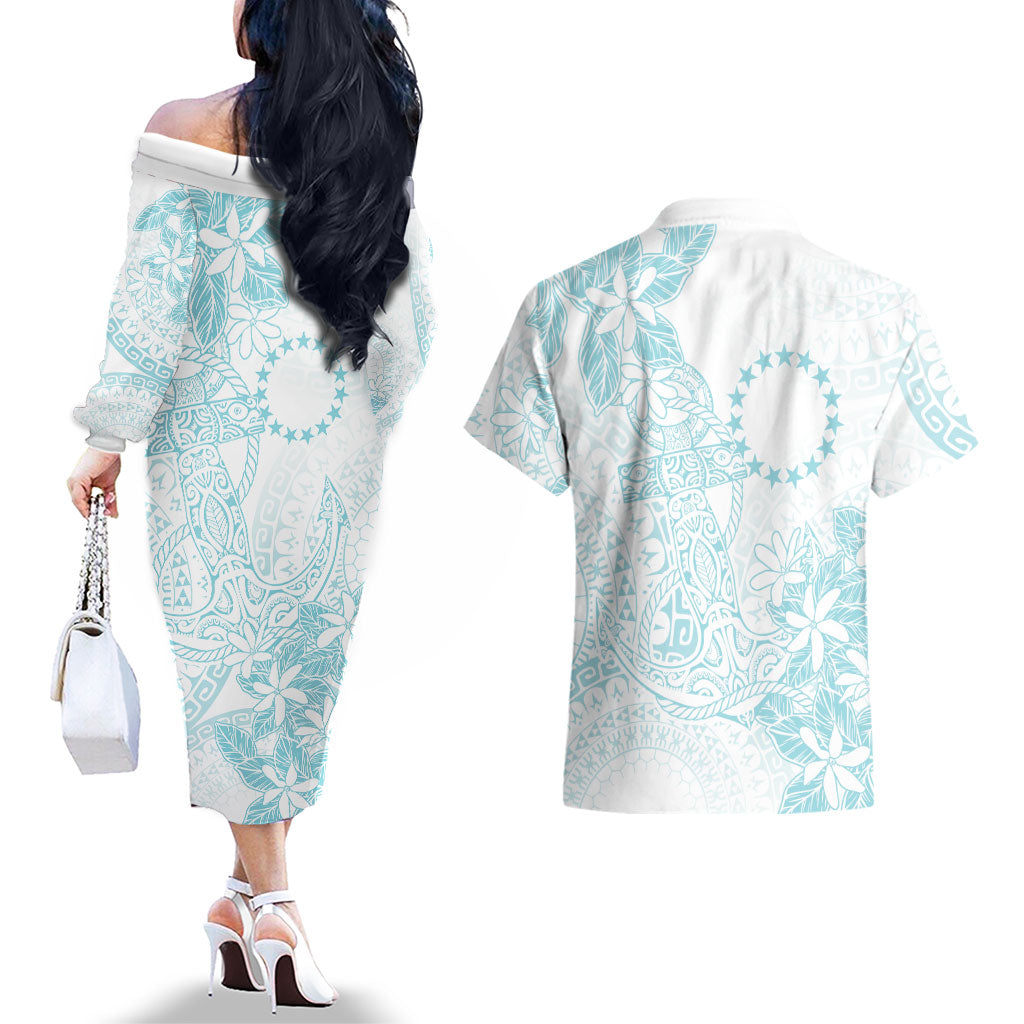 Turquoise Kuki Airani Tapakau Couples Matching Off The Shoulder Long Sleeve Dress and Hawaiian Shirt Tribal Anchor Mix Tiare