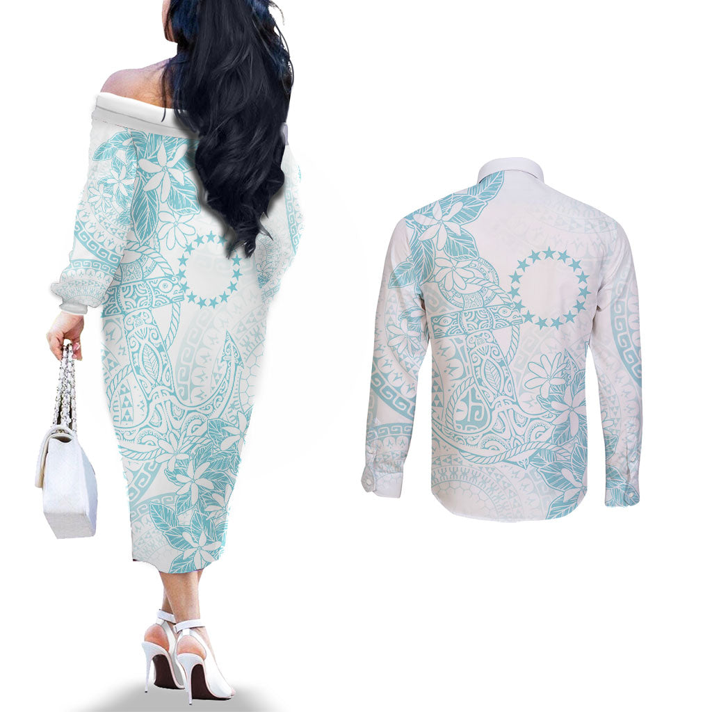 Turquoise Kuki Airani Tapakau Couples Matching Off The Shoulder Long Sleeve Dress and Long Sleeve Button Shirt Tribal Anchor Mix Tiare