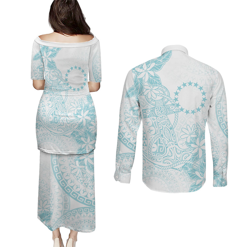 Turquoise Kuki Airani Tapakau Couples Matching Puletasi and Long Sleeve Button Shirt Tribal Anchor Mix Tiare
