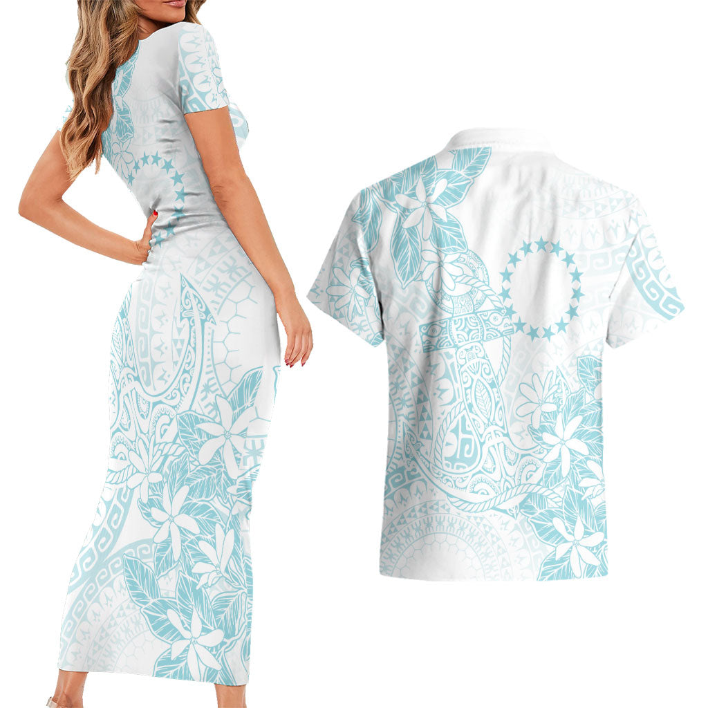 Turquoise Kuki Airani Tapakau Couples Matching Short Sleeve Bodycon Dress and Hawaiian Shirt Tribal Anchor Mix Tiare