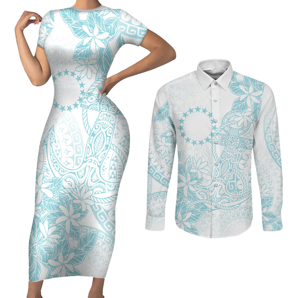 Turquoise Kuki Airani Tapakau Couples Matching Short Sleeve Bodycon Dress and Long Sleeve Button Shirt Tribal Anchor Mix Tiare