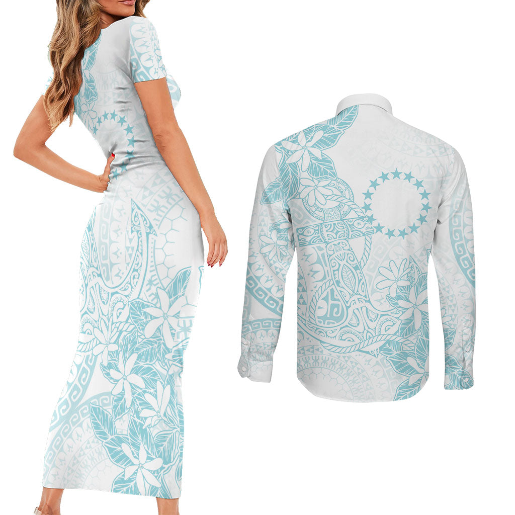 Turquoise Kuki Airani Tapakau Couples Matching Short Sleeve Bodycon Dress and Long Sleeve Button Shirt Tribal Anchor Mix Tiare