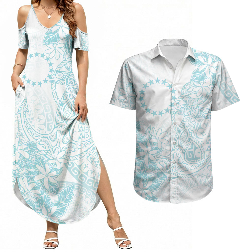 Turquoise Kuki Airani Tapakau Couples Matching Summer Maxi Dress and Hawaiian Shirt Tribal Anchor Mix Tiare LT7 Turquoise - Polynesian Pride