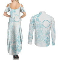 Turquoise Kuki Airani Tapakau Couples Matching Summer Maxi Dress and Long Sleeve Button Shirt Tribal Anchor Mix Tiare