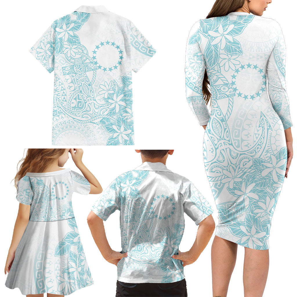 Turquoise Kuki Airani Tapakau Family Matching Long Sleeve Bodycon Dress and Hawaiian Shirt Tribal Anchor Mix Tiare