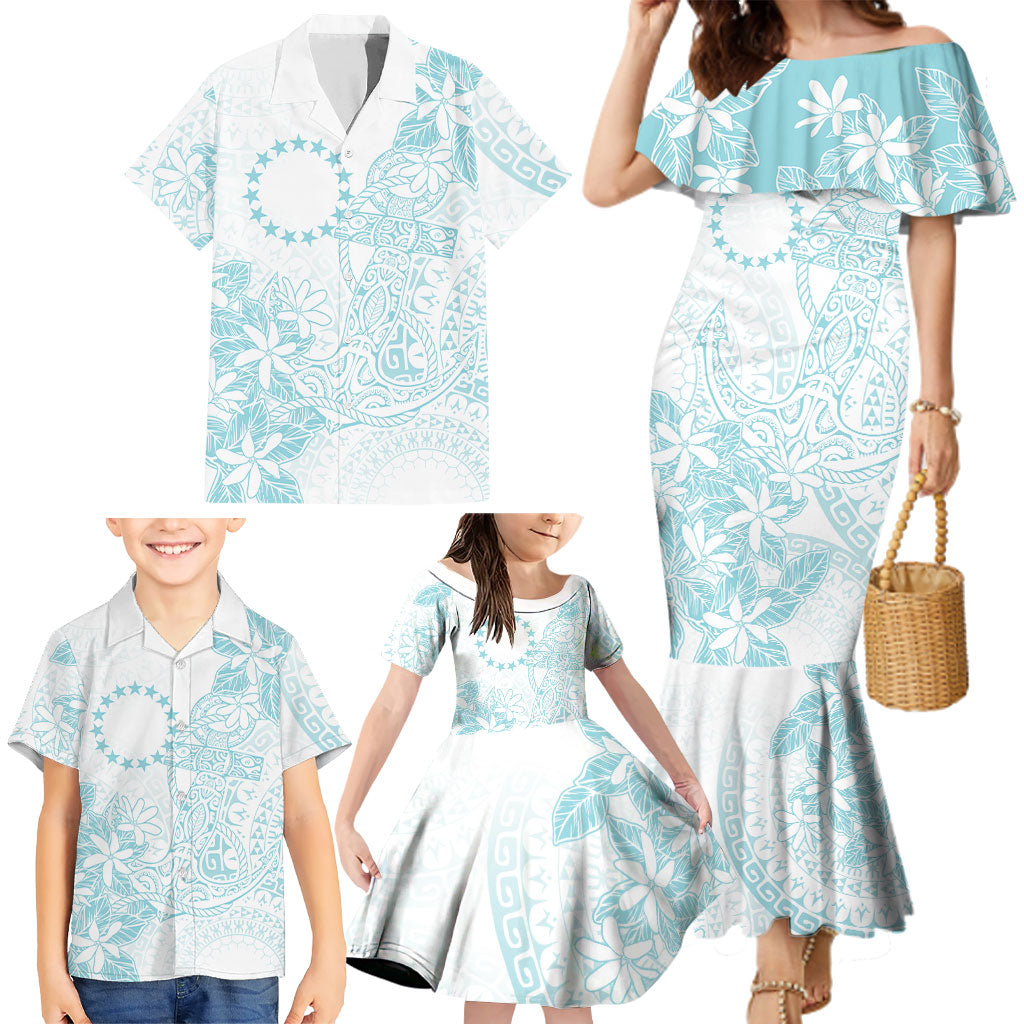 Turquoise Kuki Airani Tapakau Family Matching Mermaid Dress and Hawaiian Shirt Tribal Anchor Mix Tiare