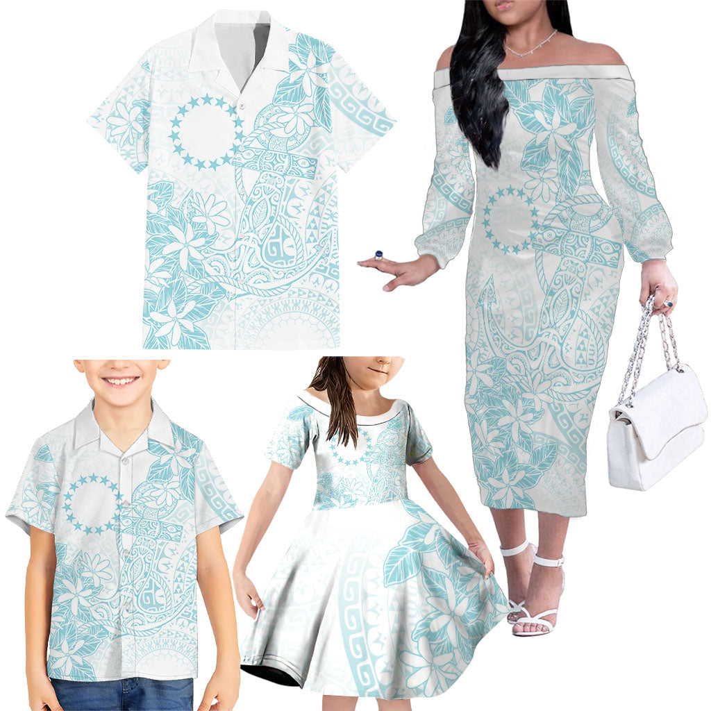 Turquoise Kuki Airani Tapakau Family Matching Off The Shoulder Long Sleeve Dress and Hawaiian Shirt Tribal Anchor Mix Tiare