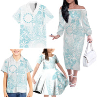 Turquoise Kuki Airani Tapakau Family Matching Off The Shoulder Long Sleeve Dress and Hawaiian Shirt Tribal Anchor Mix Tiare