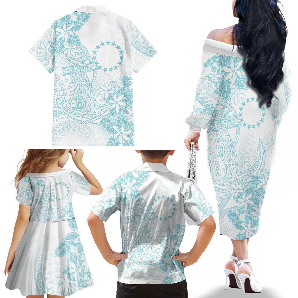 Turquoise Kuki Airani Tapakau Family Matching Off The Shoulder Long Sleeve Dress and Hawaiian Shirt Tribal Anchor Mix Tiare