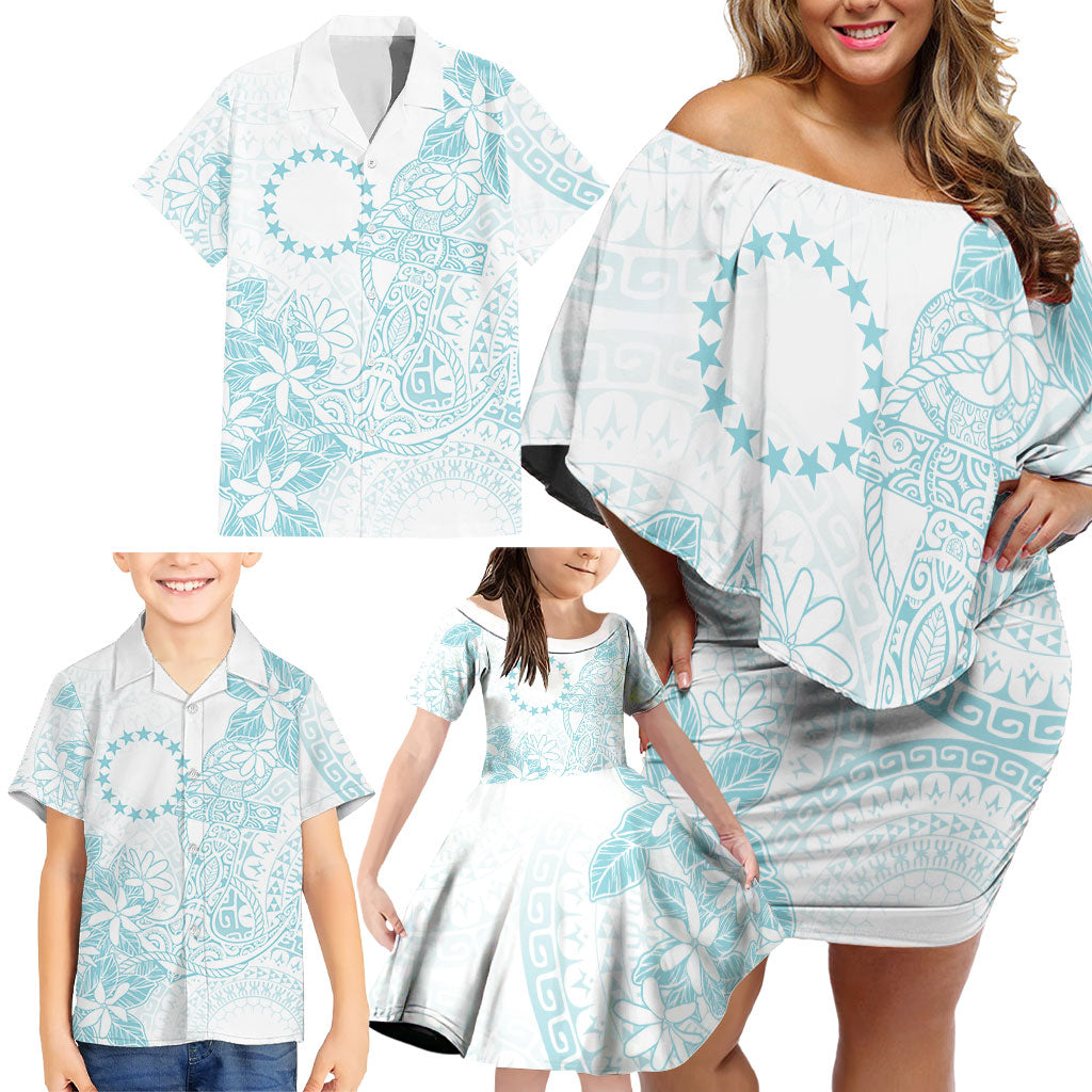Turquoise Kuki Airani Tapakau Family Matching Off Shoulder Short Dress and Hawaiian Shirt Tribal Anchor Mix Tiare