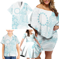 Turquoise Kuki Airani Tapakau Family Matching Off Shoulder Short Dress and Hawaiian Shirt Tribal Anchor Mix Tiare