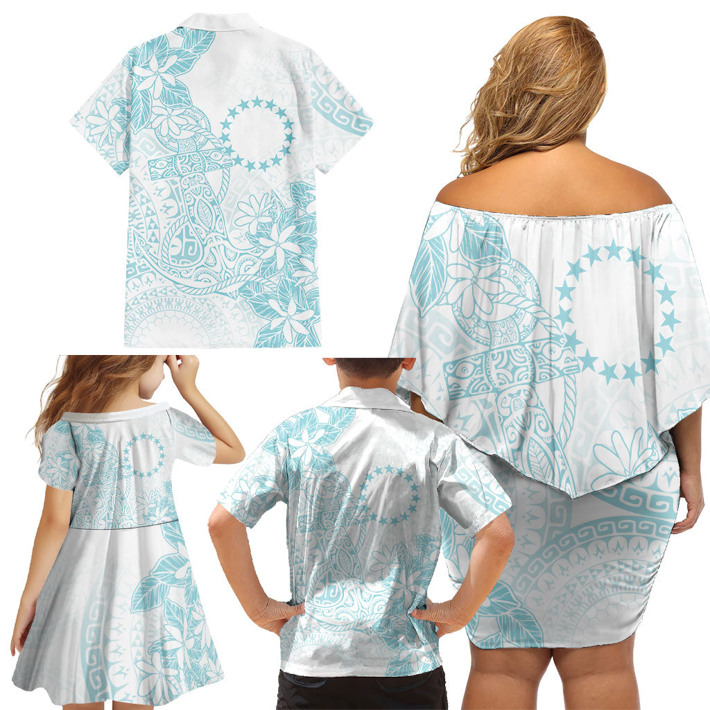 Turquoise Kuki Airani Tapakau Family Matching Off Shoulder Short Dress and Hawaiian Shirt Tribal Anchor Mix Tiare