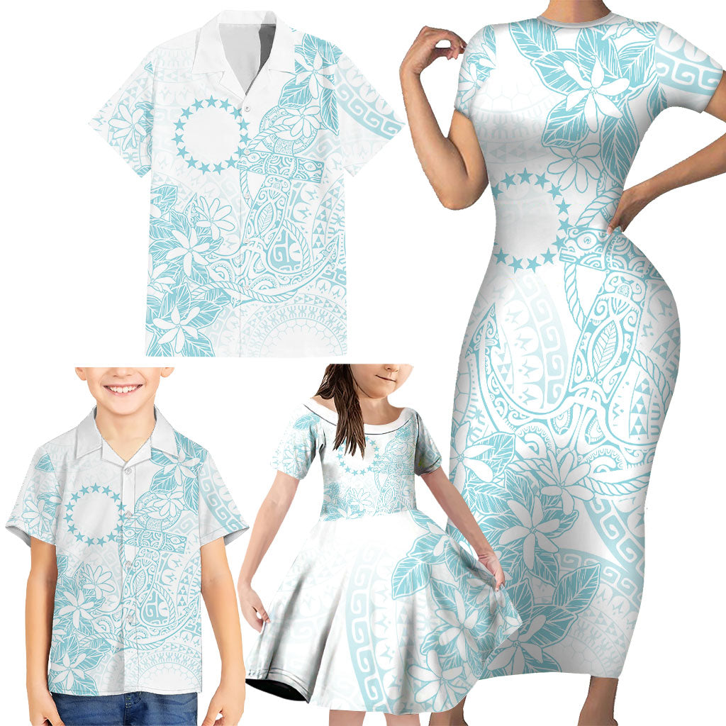 Turquoise Kuki Airani Tapakau Family Matching Short Sleeve Bodycon Dress and Hawaiian Shirt Tribal Anchor Mix Tiare