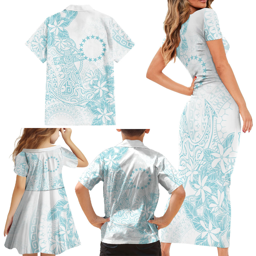 Turquoise Kuki Airani Tapakau Family Matching Short Sleeve Bodycon Dress and Hawaiian Shirt Tribal Anchor Mix Tiare