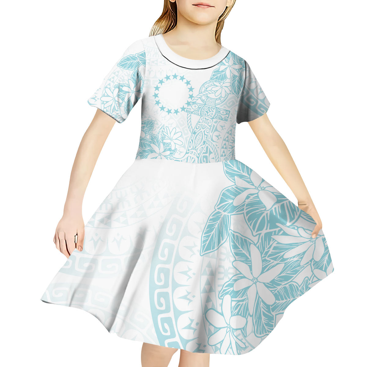 Turquoise Kuki Airani Tapakau Kid Short Sleeve Dress Tribal Anchor Mix Tiare