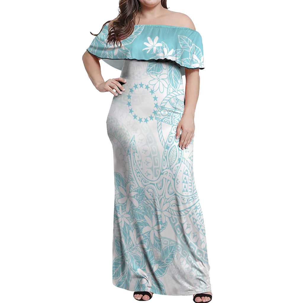 Turquoise Kuki Airani Tapakau Off Shoulder Maxi Dress Tribal Anchor Mix Tiare