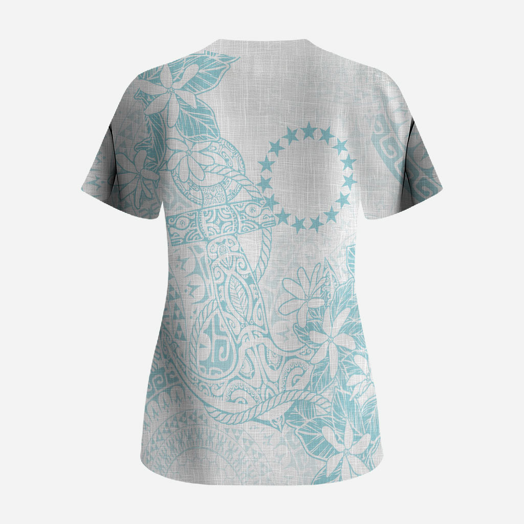 Turquoise Kuki Airani Tapakau Scrub Top Tribal Anchor Mix Tiare