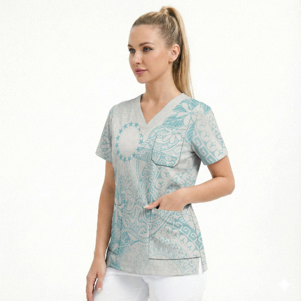 Turquoise Kuki Airani Tapakau Scrub Top Tribal Anchor Mix Tiare
