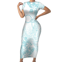 Turquoise Kuki Airani Tapakau Short Sleeve Bodycon Dress Tribal Anchor Mix Tiare