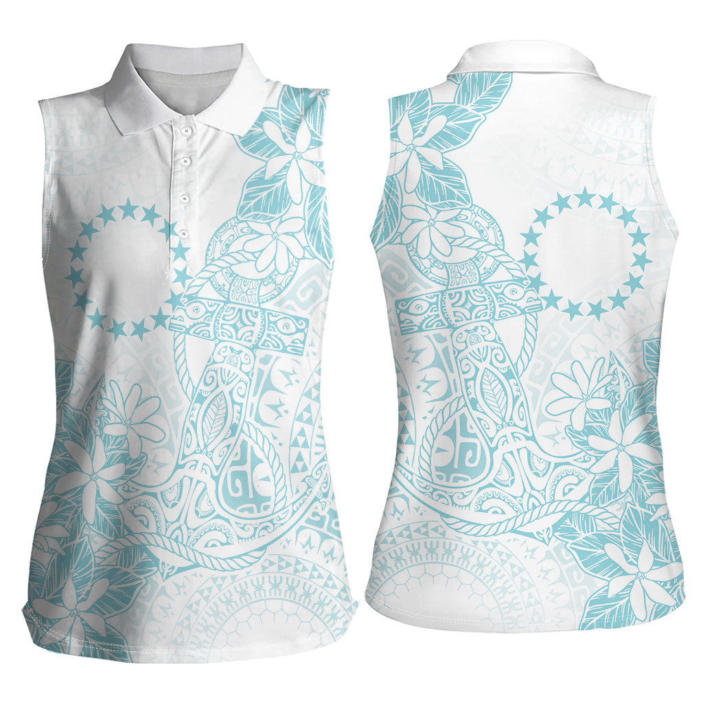 Turquoise Kuki Airani Tapakau Women Sleeveless Polo Shirt Tribal Anchor Mix Tiare