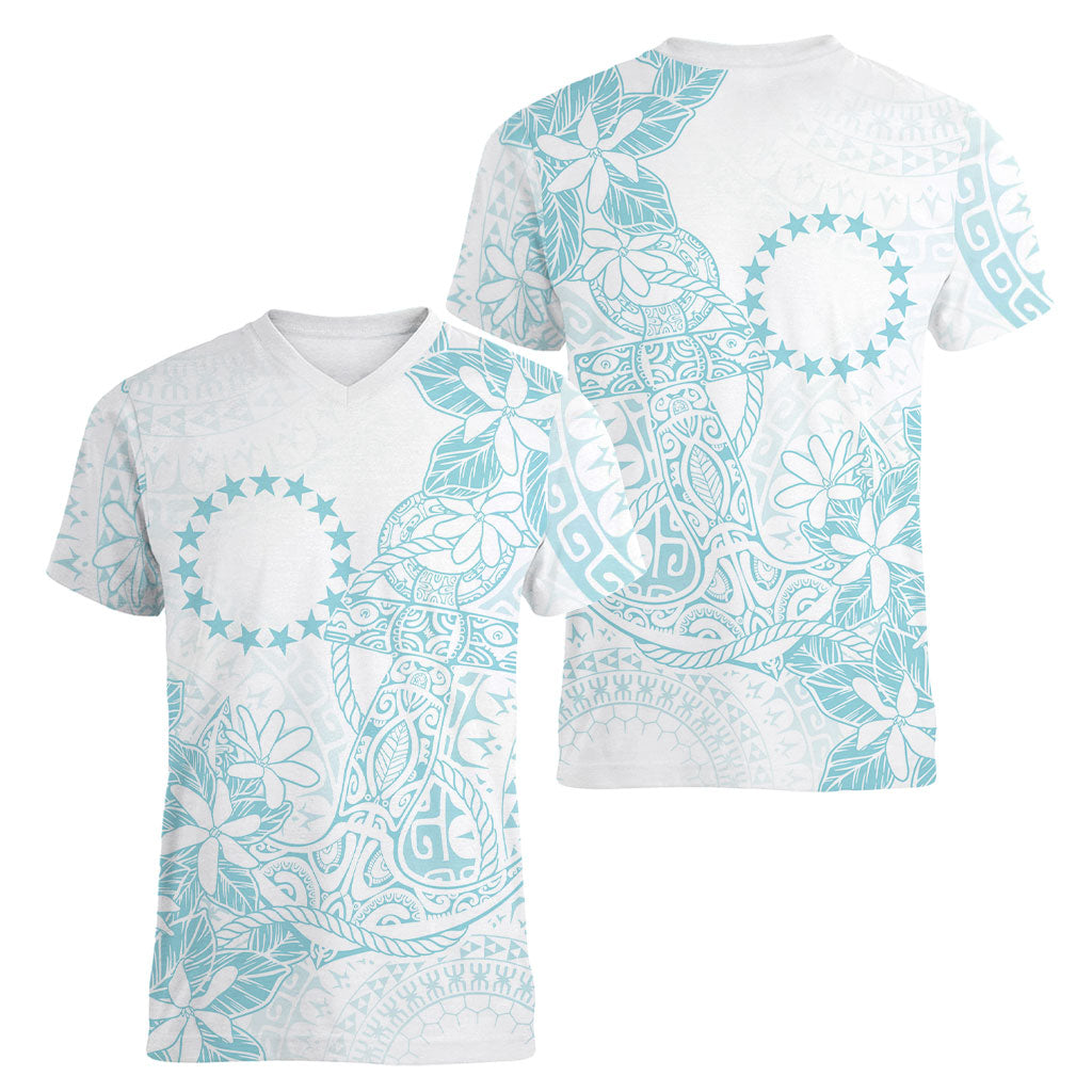 Turquoise Kuki Airani Tapakau Women V-Neck T-Shirt Tribal Anchor Mix Tiare