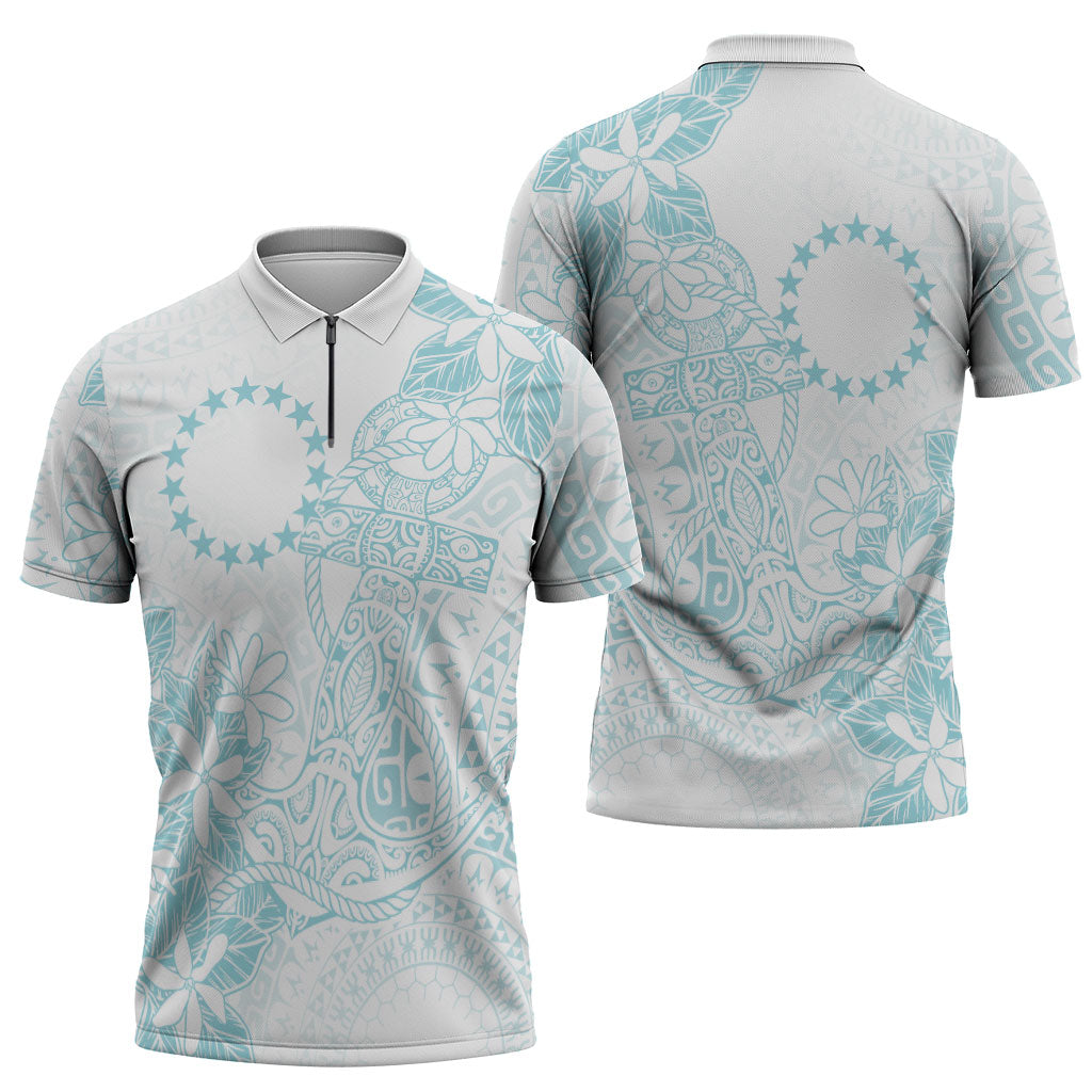 Turquoise Kuki Airani Tapakau Zipper Polo Shirt Tribal Anchor Mix Tiare