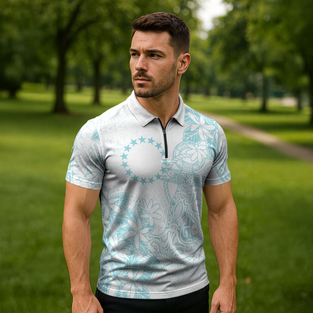 Turquoise Kuki Airani Tapakau Zipper Polo Shirt Tribal Anchor Mix Tiare