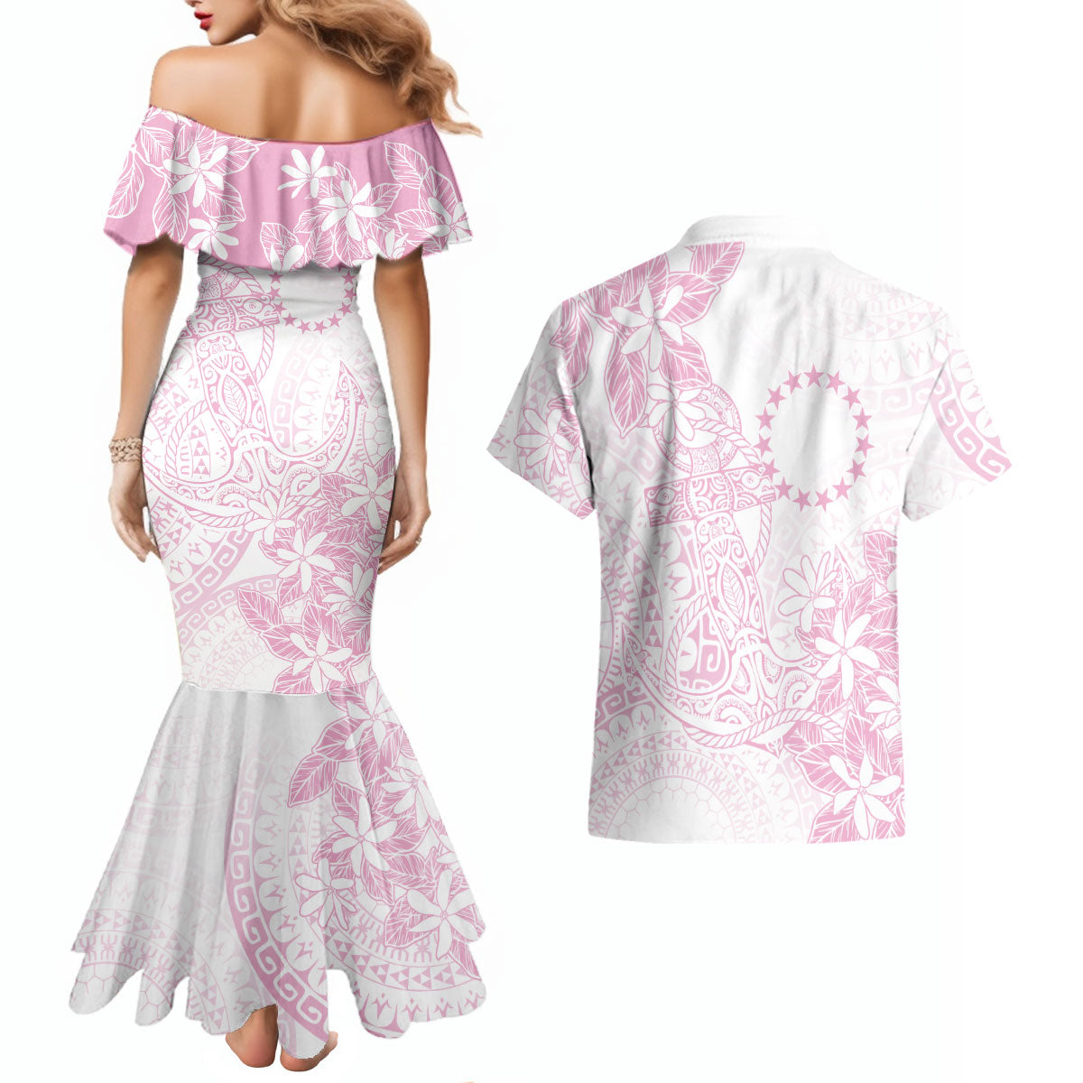 Candy Pink Kuki Airani Tapakau Couples Matching Mermaid Dress and Hawaiian Shirt Tribal Anchor Mix Tiare