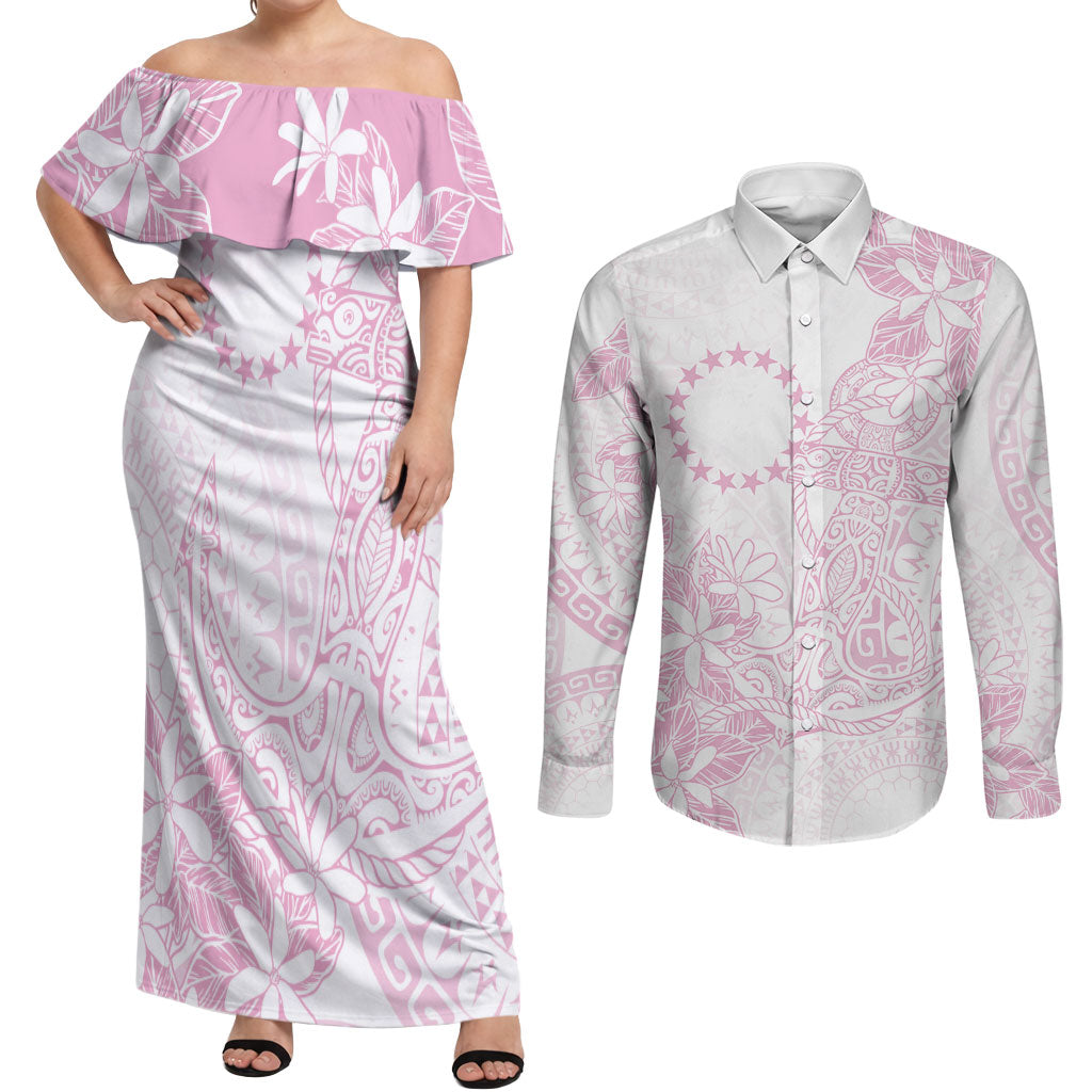 Candy Pink Kuki Airani Tapakau Couples Matching Off Shoulder Maxi Dress and Long Sleeve Button Shirt Tribal Anchor Mix Tiare LT7 Candy Pink - Polynesian Pride