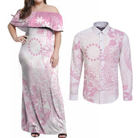 Candy Pink Kuki Airani Tapakau Couples Matching Off Shoulder Maxi Dress and Long Sleeve Button Shirt Tribal Anchor Mix Tiare