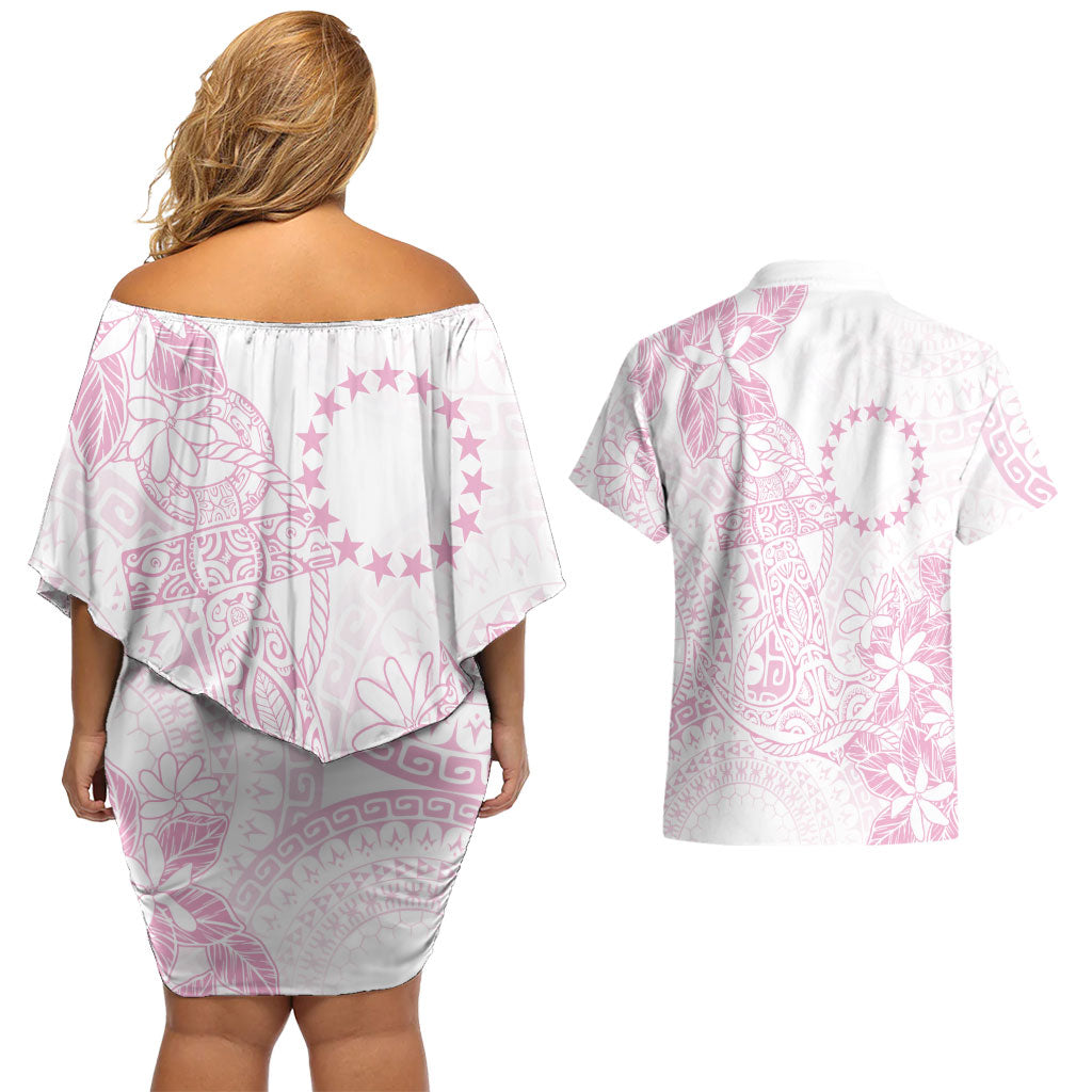 Candy Pink Kuki Airani Tapakau Couples Matching Off Shoulder Short Dress and Hawaiian Shirt Tribal Anchor Mix Tiare