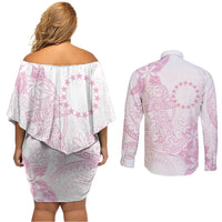 Candy Pink Kuki Airani Tapakau Couples Matching Off Shoulder Short Dress and Long Sleeve Button Shirt Tribal Anchor Mix Tiare