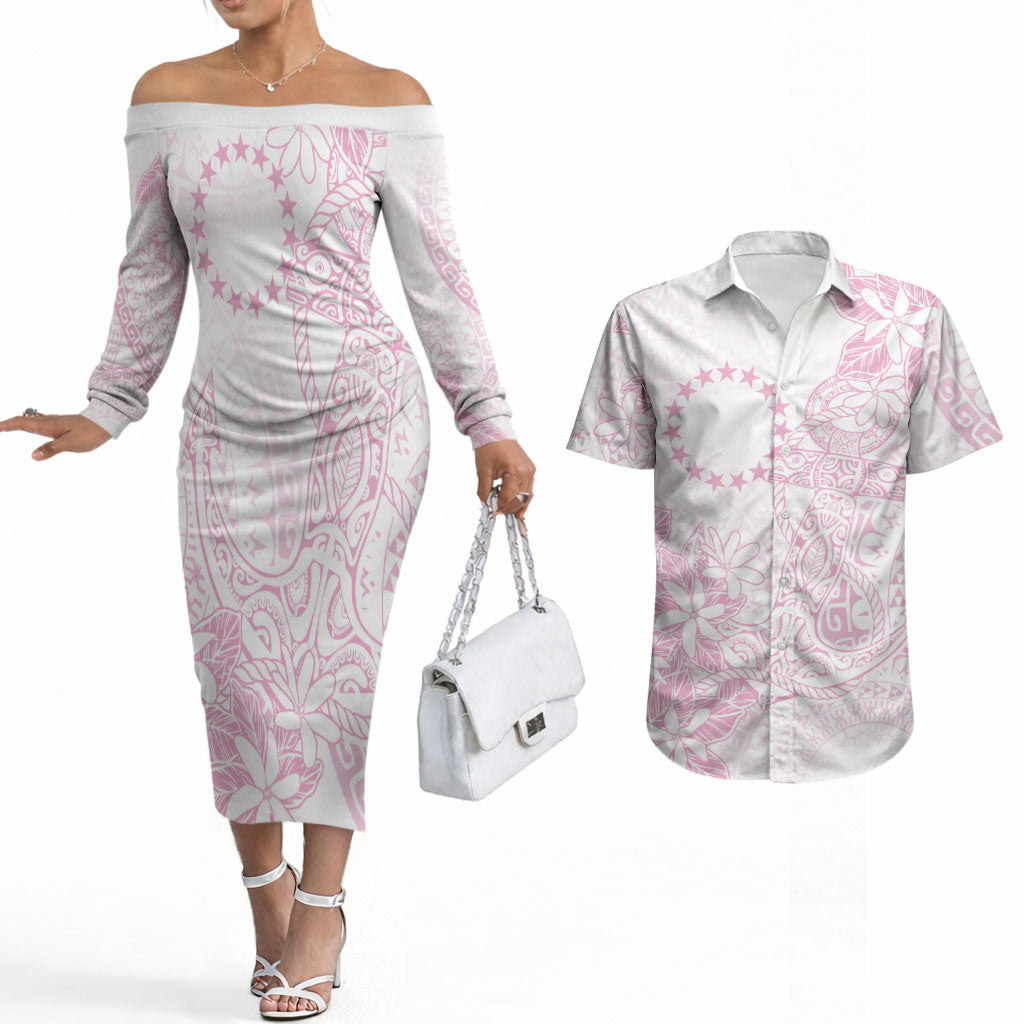 Candy Pink Kuki Airani Tapakau Couples Matching Off The Shoulder Long Sleeve Dress and Hawaiian Shirt Tribal Anchor Mix Tiare LT7 Candy Pink - Polynesian Pride