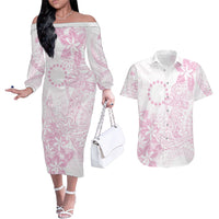 Candy Pink Kuki Airani Tapakau Couples Matching Off The Shoulder Long Sleeve Dress and Hawaiian Shirt Tribal Anchor Mix Tiare