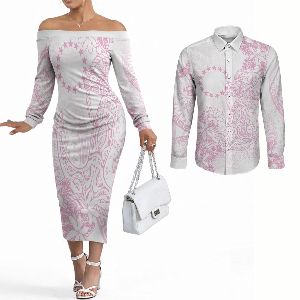 Candy Pink Kuki Airani Tapakau Couples Matching Off The Shoulder Long Sleeve Dress and Long Sleeve Button Shirt Tribal Anchor Mix Tiare LT7 Candy Pink - Polynesian Pride