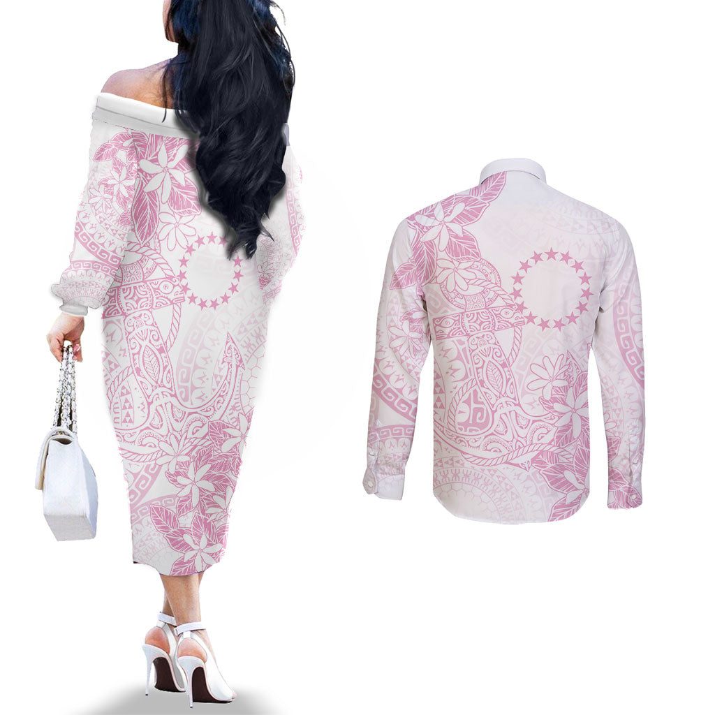 Candy Pink Kuki Airani Tapakau Couples Matching Off The Shoulder Long Sleeve Dress and Long Sleeve Button Shirt Tribal Anchor Mix Tiare