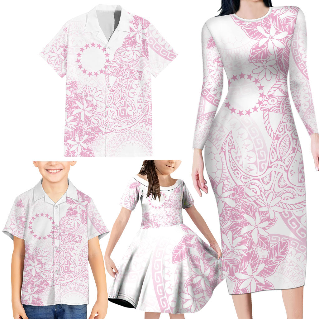 Candy Pink Kuki Airani Tapakau Family Matching Long Sleeve Bodycon Dress and Hawaiian Shirt Tribal Anchor Mix Tiare