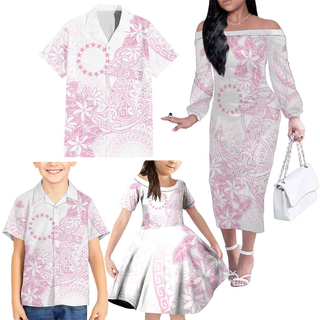 Candy Pink Kuki Airani Tapakau Family Matching Off The Shoulder Long Sleeve Dress and Hawaiian Shirt Tribal Anchor Mix Tiare