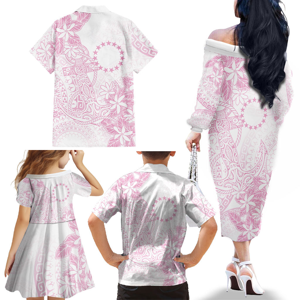 Candy Pink Kuki Airani Tapakau Family Matching Off The Shoulder Long Sleeve Dress and Hawaiian Shirt Tribal Anchor Mix Tiare