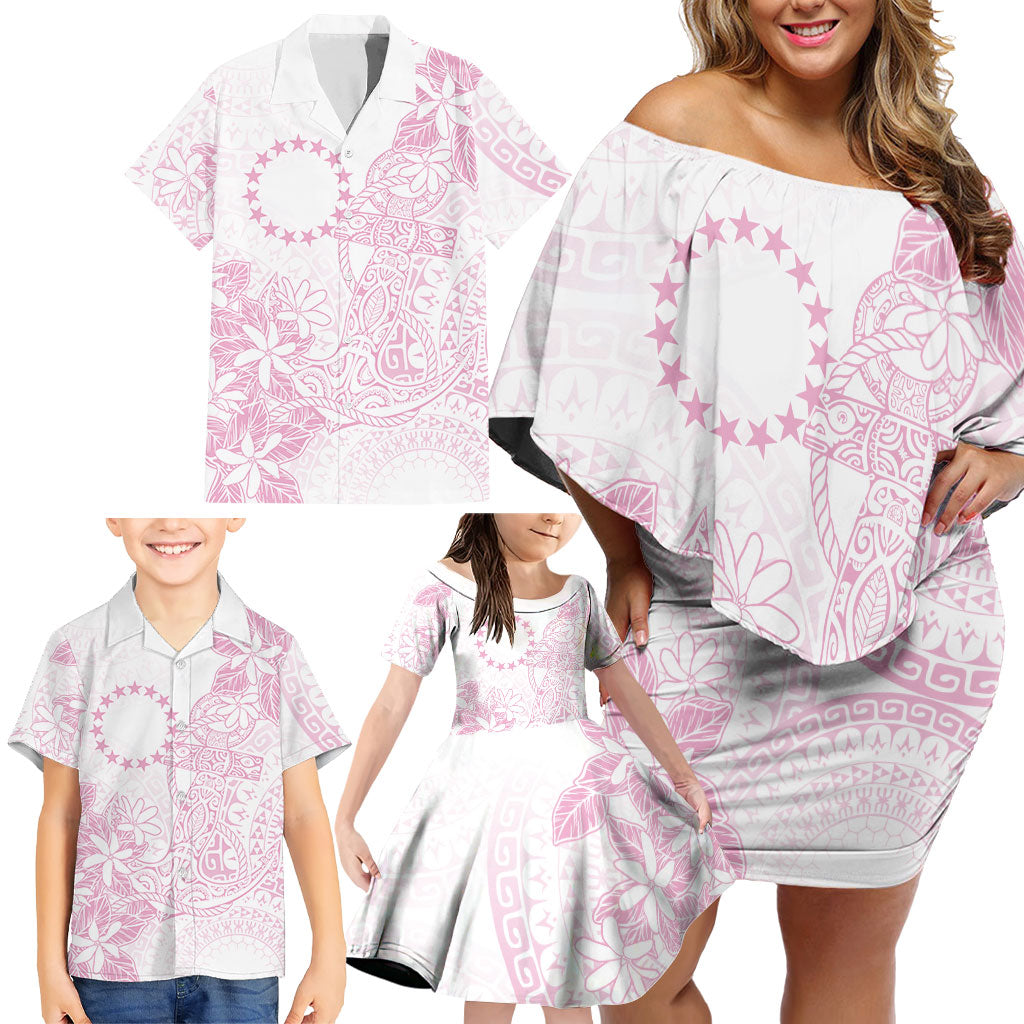 Candy Pink Kuki Airani Tapakau Family Matching Off Shoulder Short Dress and Hawaiian Shirt Tribal Anchor Mix Tiare