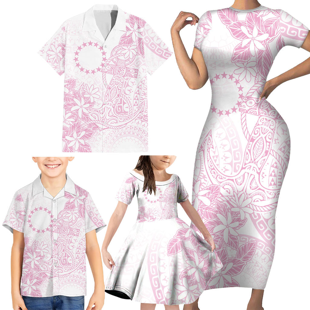 Candy Pink Kuki Airani Tapakau Family Matching Short Sleeve Bodycon Dress and Hawaiian Shirt Tribal Anchor Mix Tiare
