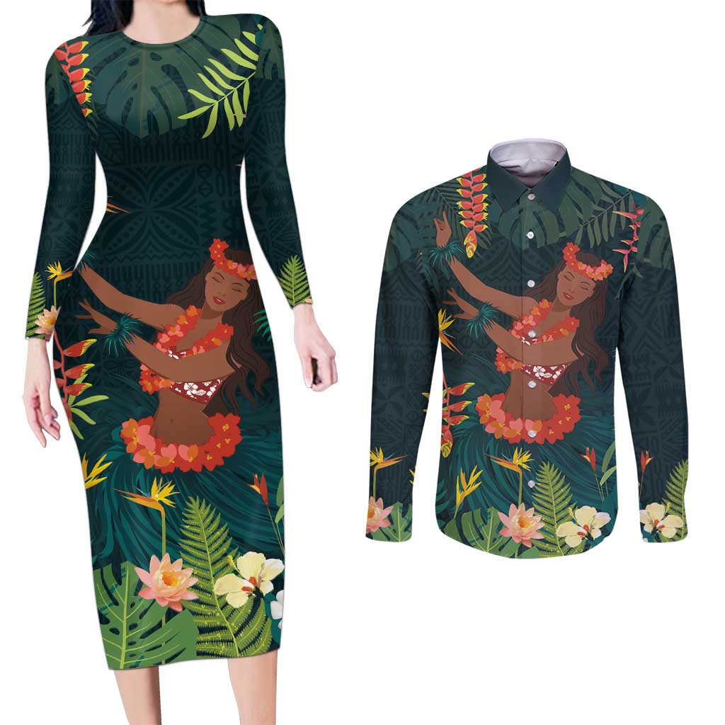 Hawaii Hula Girl Vintage Couples Matching Long Sleeve Bodycon Dress and Long Sleeve Button Shirt Tropical Forest LT7 Colorful - Polynesian Pride