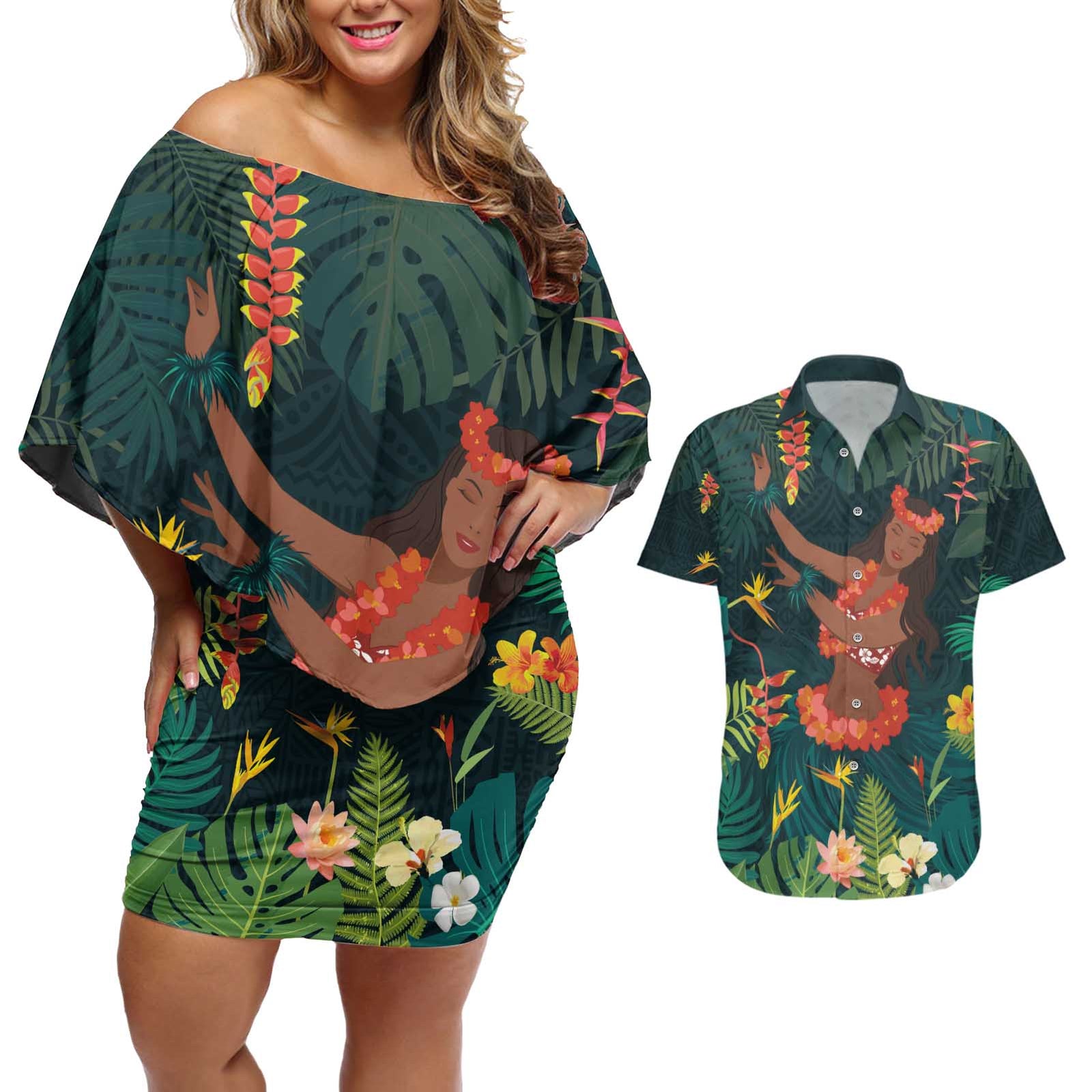 Hawaii Hula Girl Vintage Couples Matching Off Shoulder Short Dress and Hawaiian Shirt Tropical Forest LT7 Colorful - Polynesian Pride