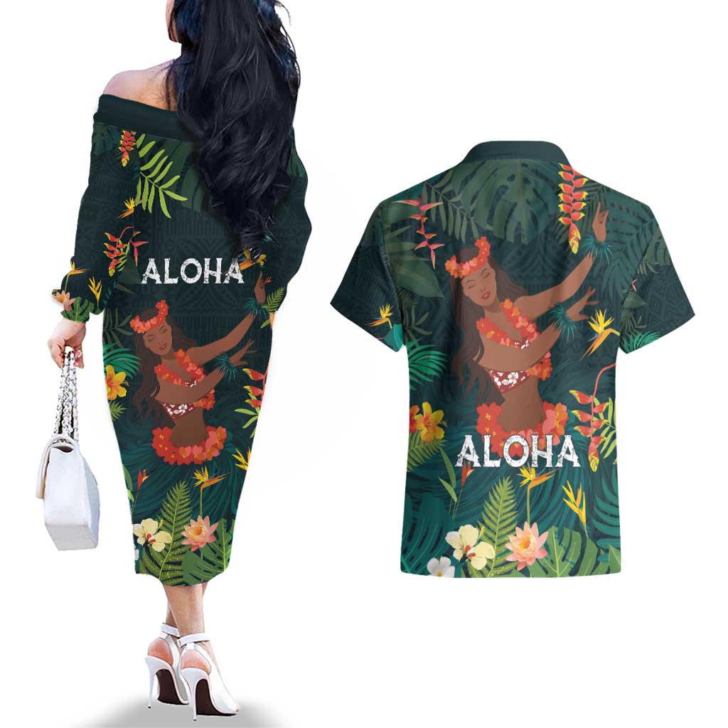 Hawaii Hula Girl Vintage Couples Matching Off The Shoulder Long Sleeve Dress and Hawaiian Shirt Tropical Forest