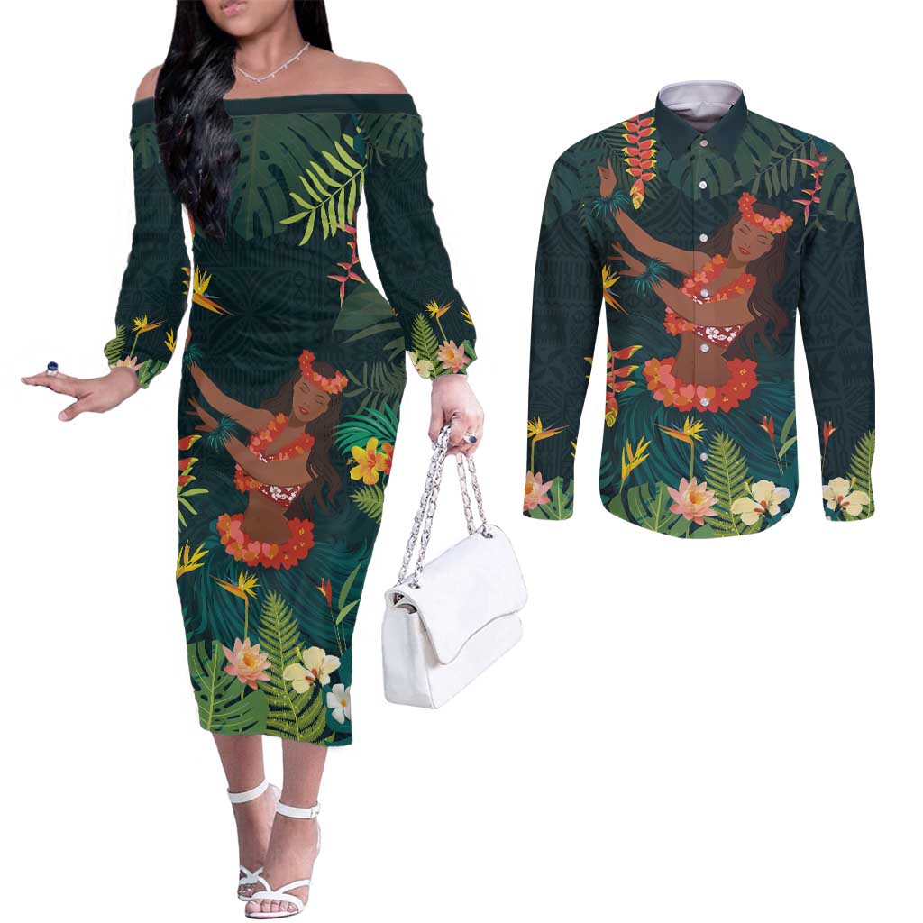 Hawaii Hula Girl Vintage Couples Matching Off The Shoulder Long Sleeve Dress and Long Sleeve Button Shirt Tropical Forest LT7 Colorful - Polynesian Pride