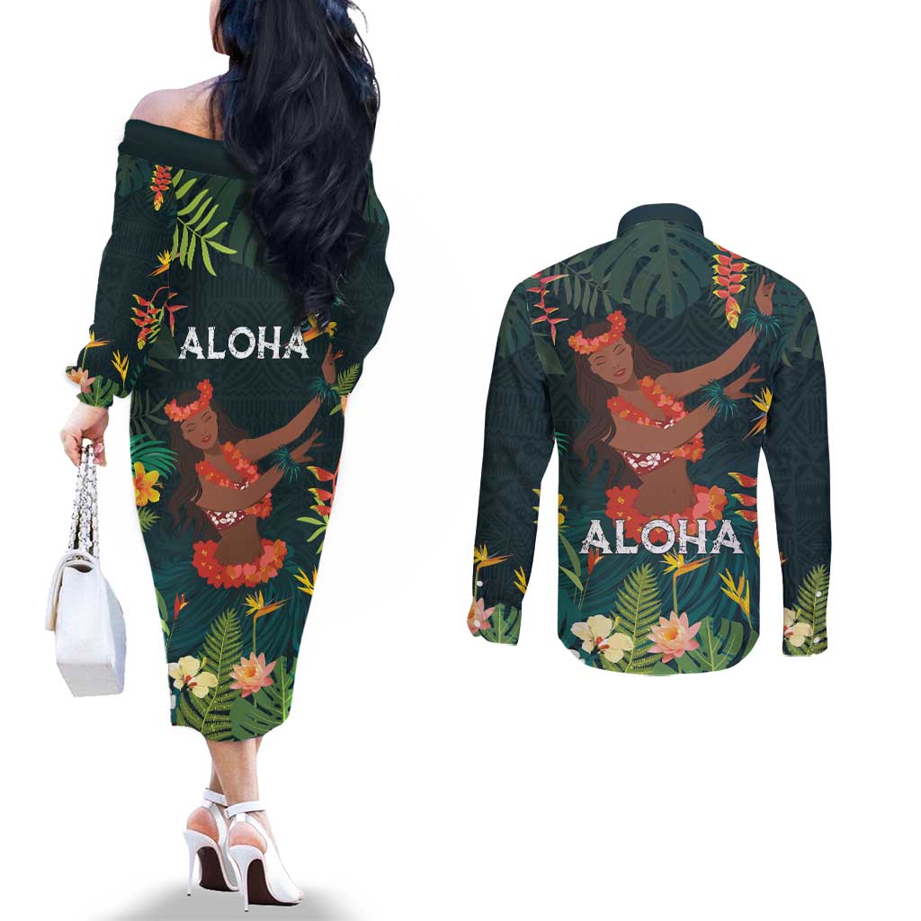 Hawaii Hula Girl Vintage Couples Matching Off The Shoulder Long Sleeve Dress and Long Sleeve Button Shirt Tropical Forest